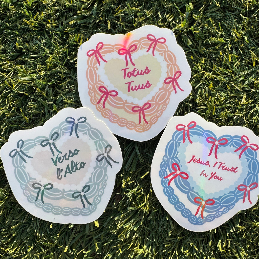 Holographic coquette heart cake Catholic sticker (2 of 11)