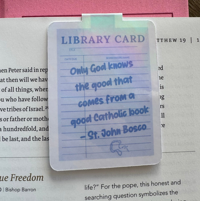 Holographic library-card style Catholic magnetic bookmarks with saint quotes