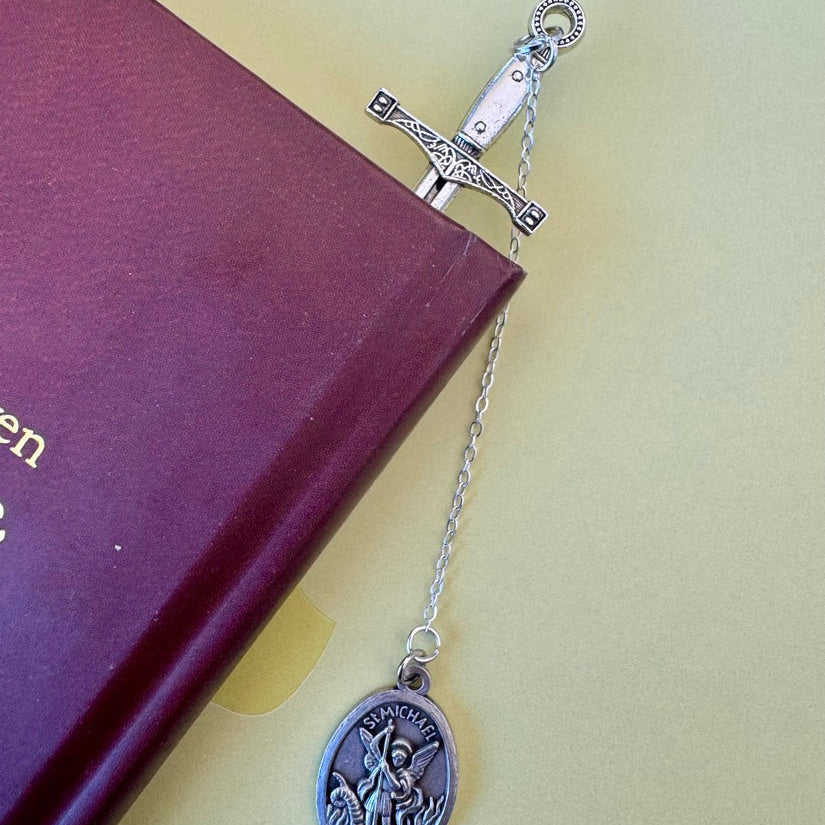 St. Michael the Archangel metal chain bookmark with a sword charm and medal